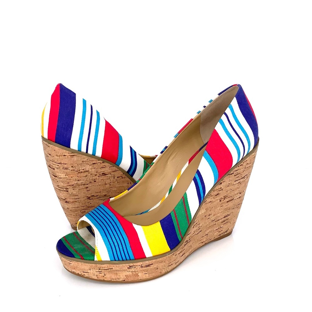 Nine West Rainbow Striped Wedge Peep Toe Shoes Size 7.5